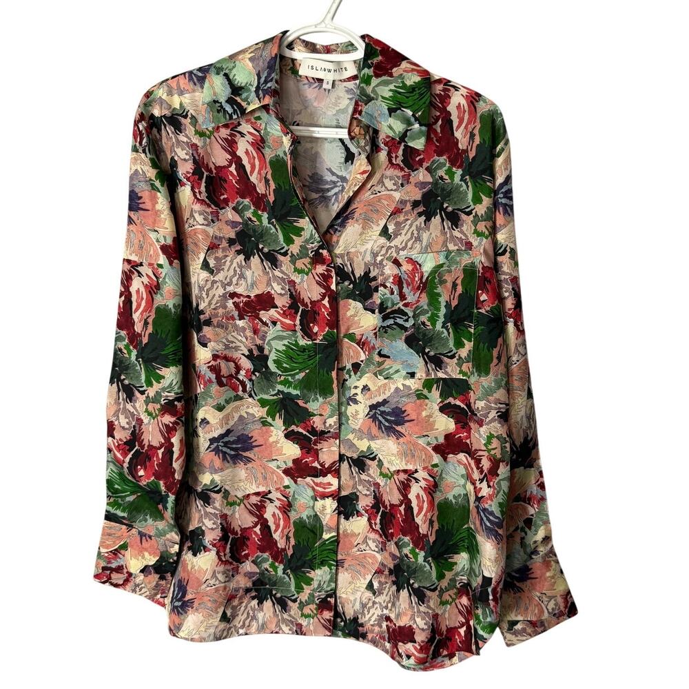 Isla & White Floral Button Down Silk Top Size Small